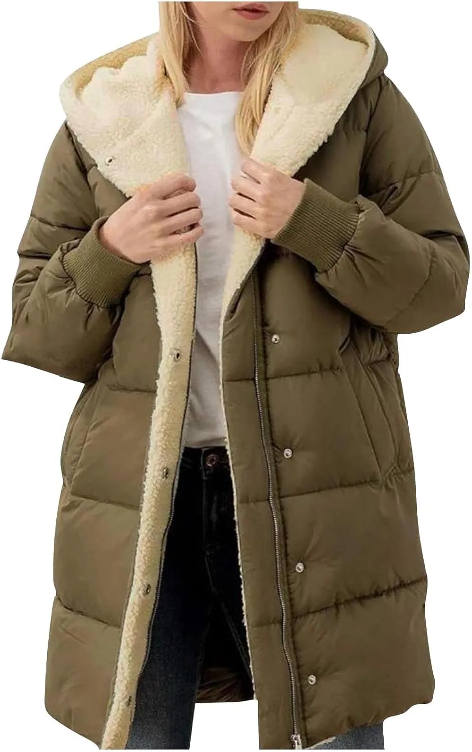 Womens Winter Long Down Coats Teddy Fleece Lined Jacket Plus Size Warm Down Thicken Hooded Windproof Quilted Puffer Jackets