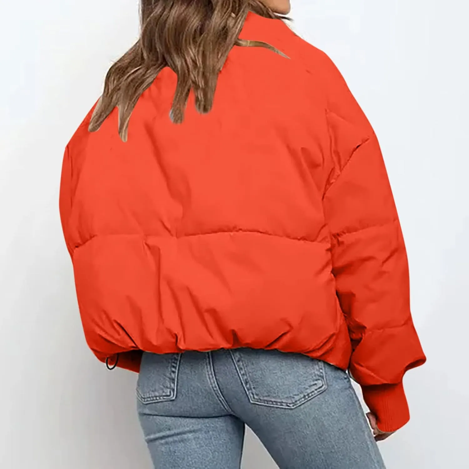 Women's Winter Puffer Long Sleeve Zip Puffer Jacket Baggy Short Down Coats Crop Jackets with Pockets