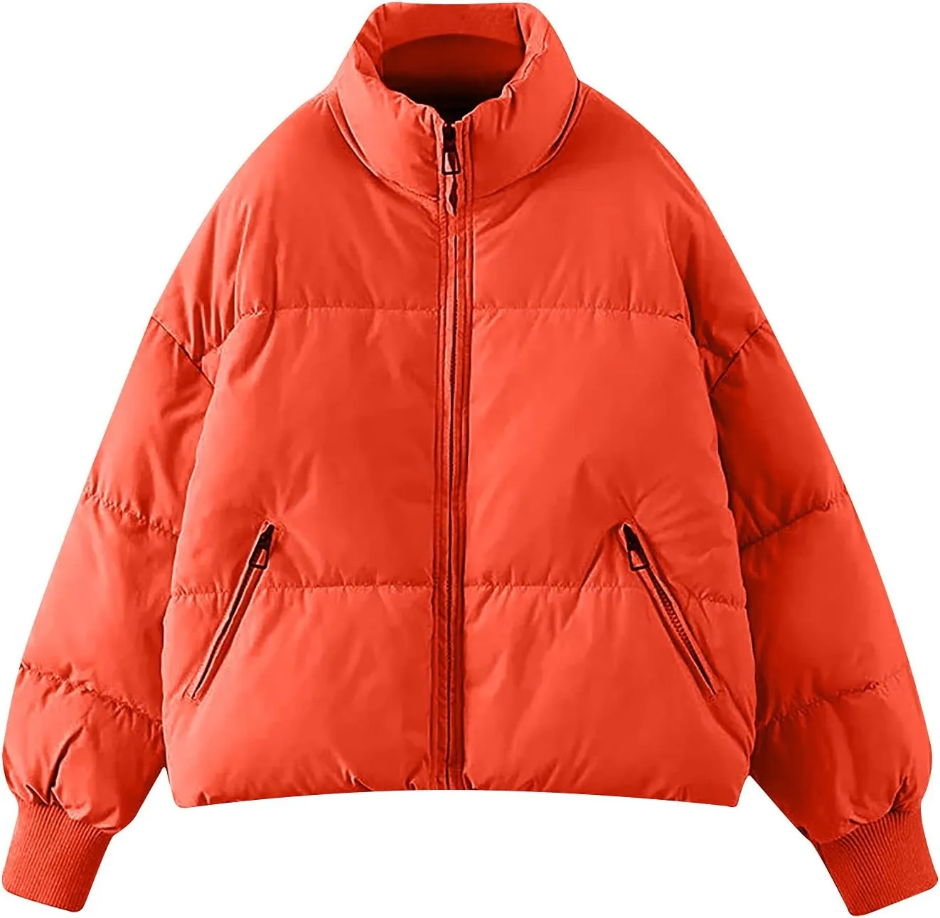 Women's Winter Puffer Long Sleeve Zip Puffer Jacket Baggy Short Down Coats Crop Jackets with Pockets