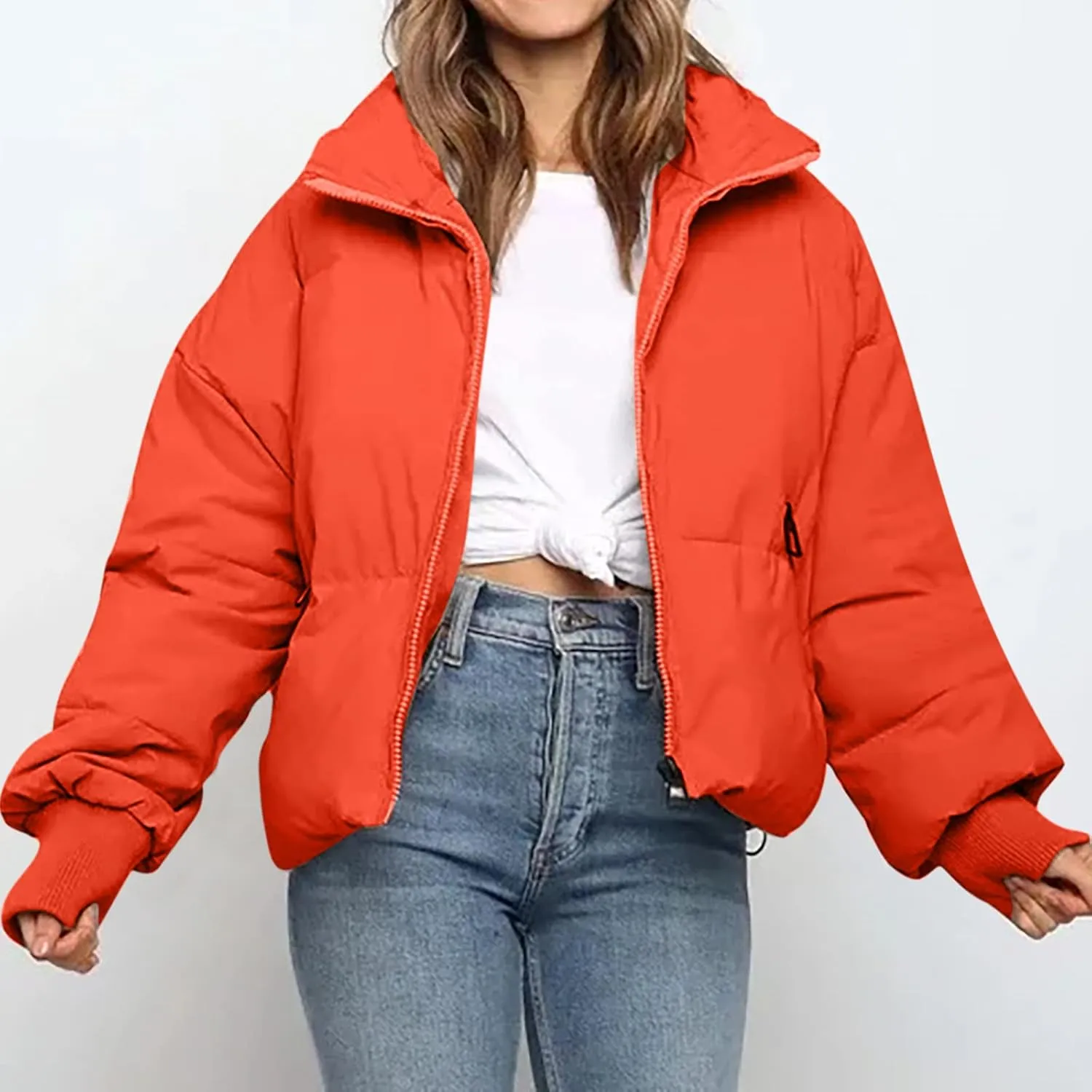 Women's Winter Puffer Long Sleeve Zip Puffer Jacket Baggy Short Down Coats Crop Jackets with Pockets