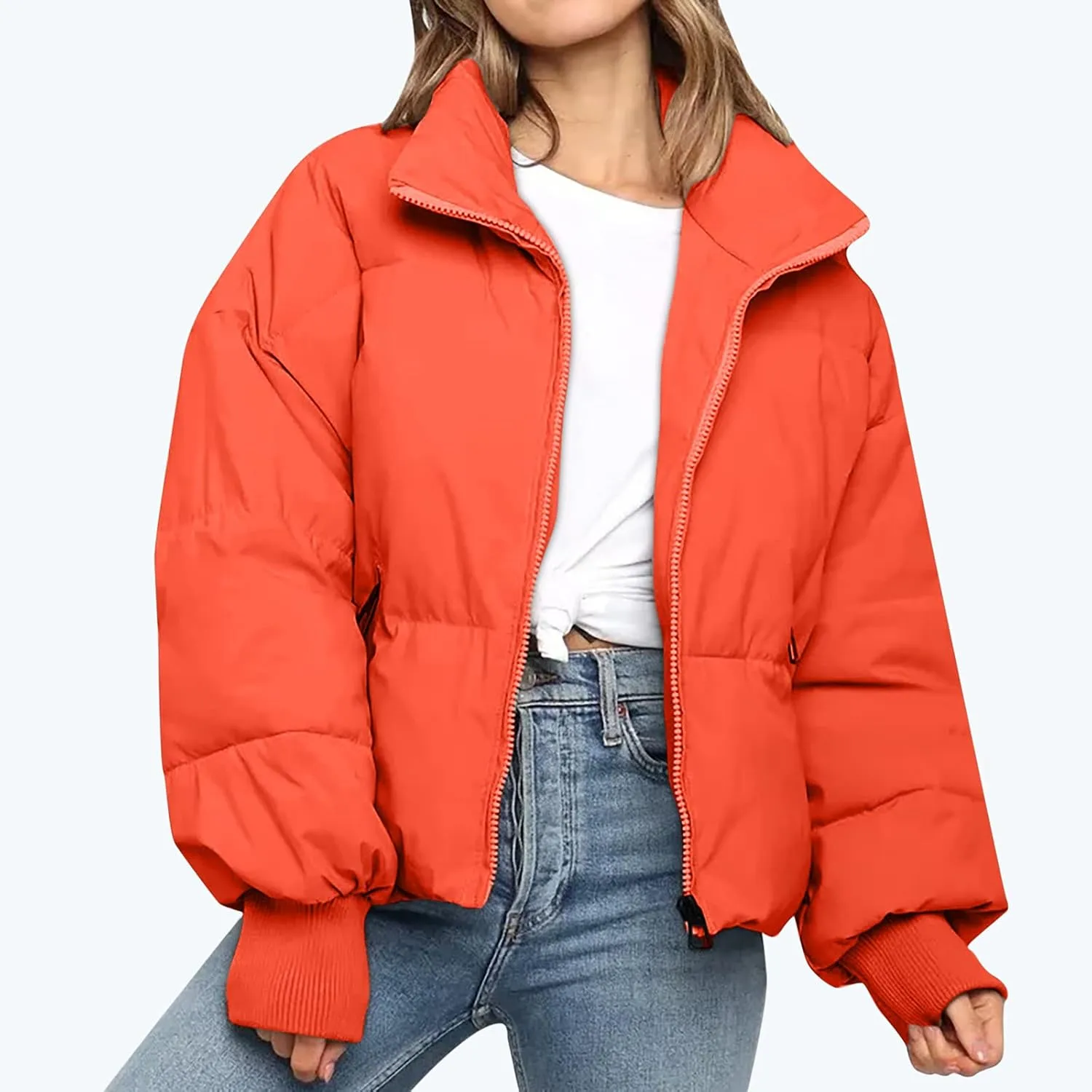 Women's Winter Puffer Long Sleeve Zip Puffer Jacket Baggy Short Down Coats Crop Jackets with Pockets