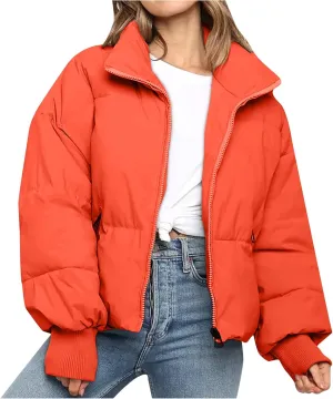 Women's Winter Puffer Long Sleeve Zip Puffer Jacket Baggy Short Down Coats Crop Jackets with Pockets
