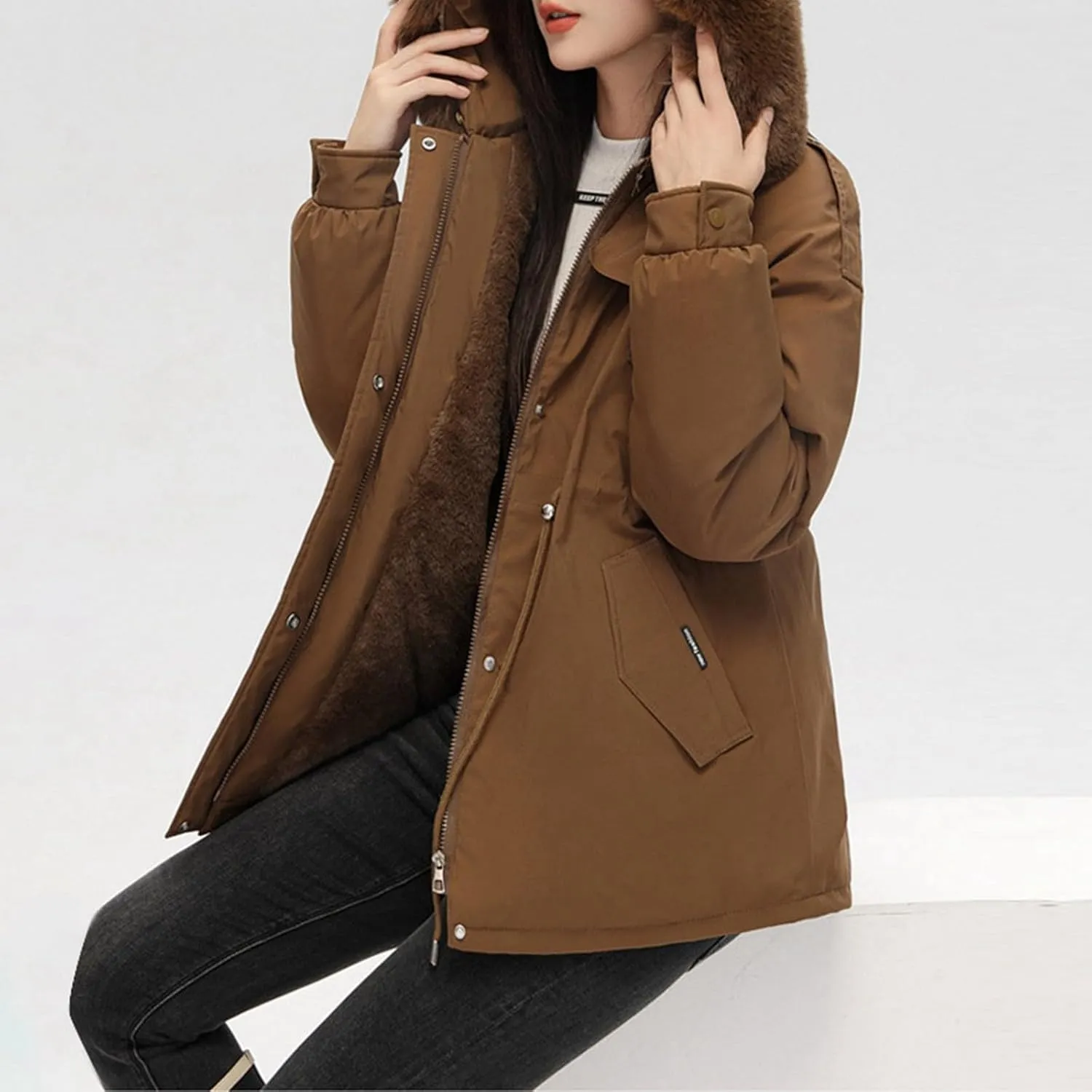 Women's Winter Thicken Puffer Coat Casual Warm Fleece Lined Down Jacket Faux Fur Hood Military Jacket Parka Travel
