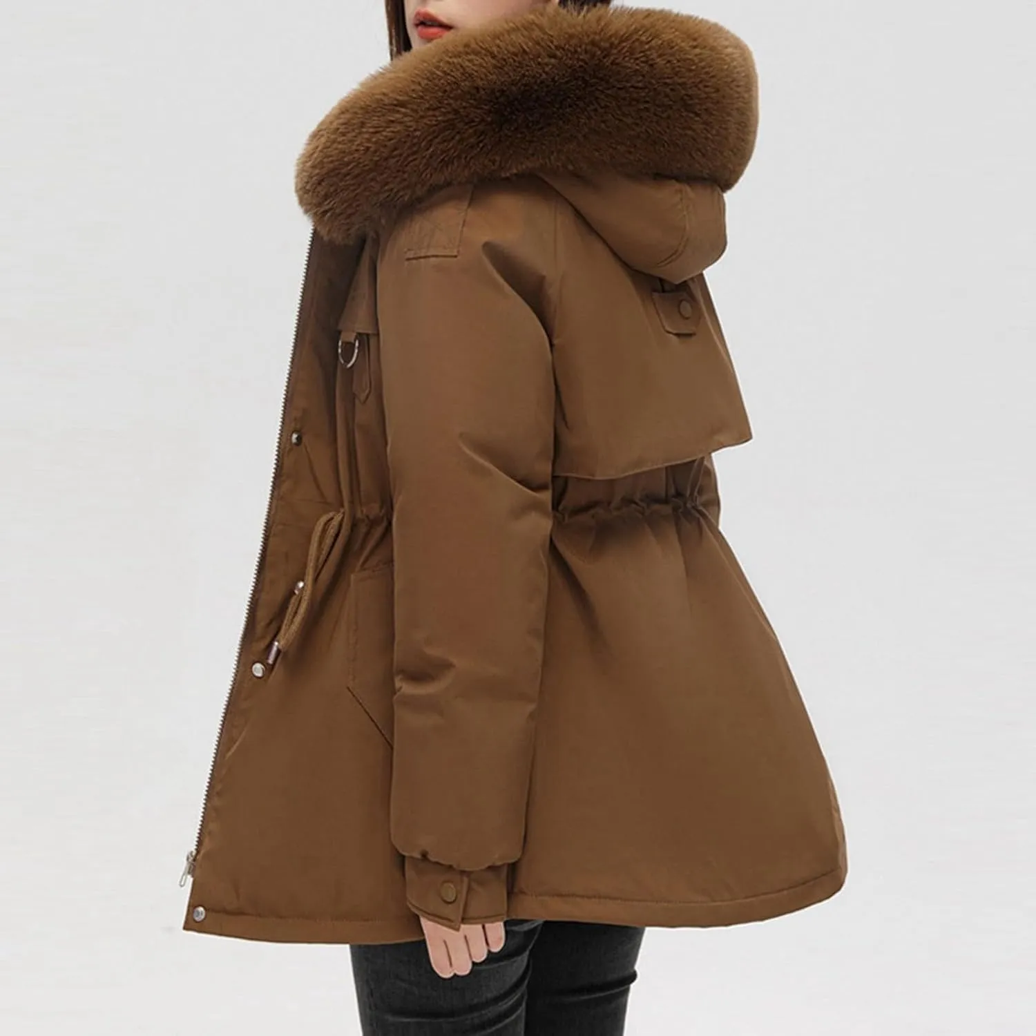 Women's Winter Thicken Puffer Coat Casual Warm Fleece Lined Down Jacket Faux Fur Hood Military Jacket Parka Travel
