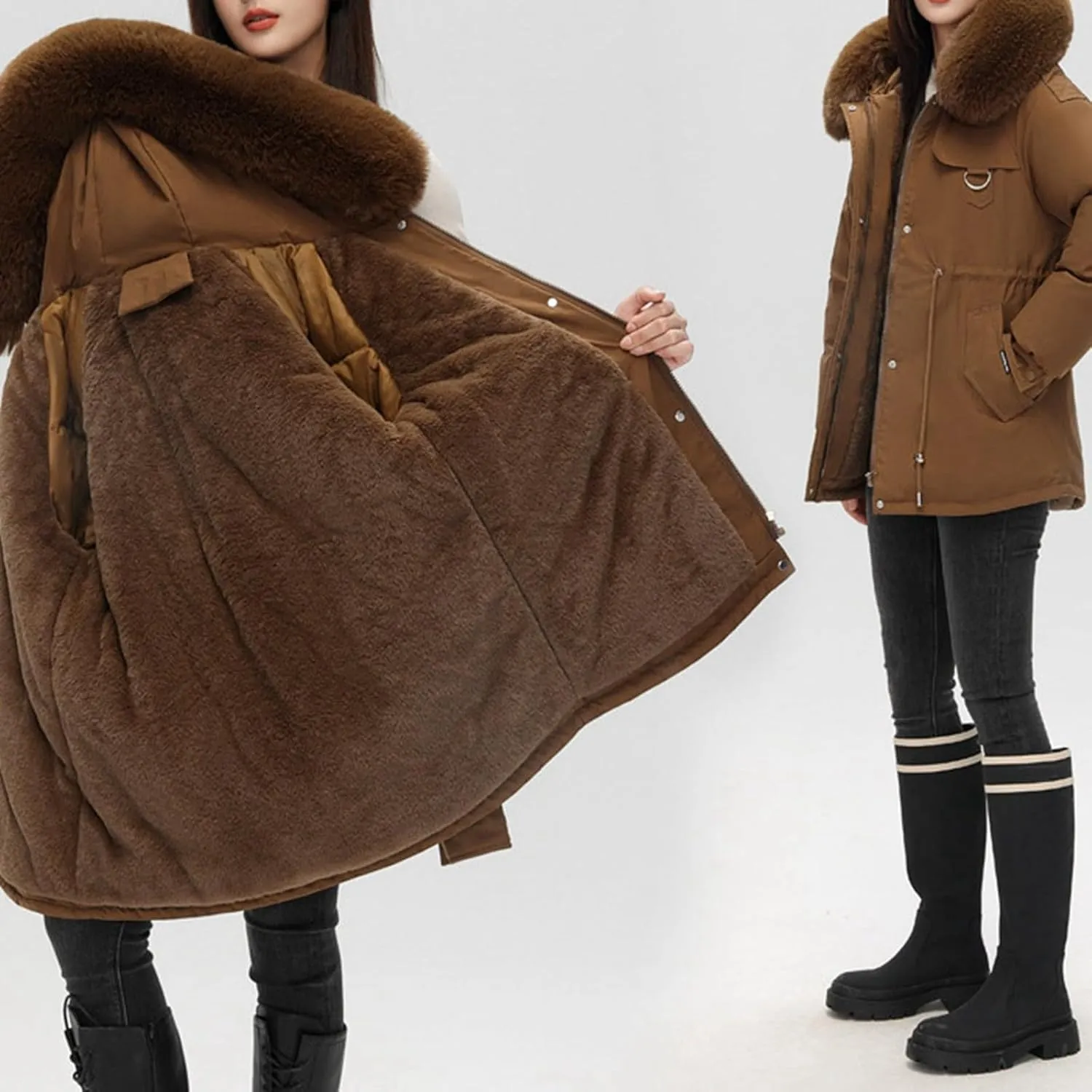 Women's Winter Thicken Puffer Coat Casual Warm Fleece Lined Down Jacket Faux Fur Hood Military Jacket Parka Travel