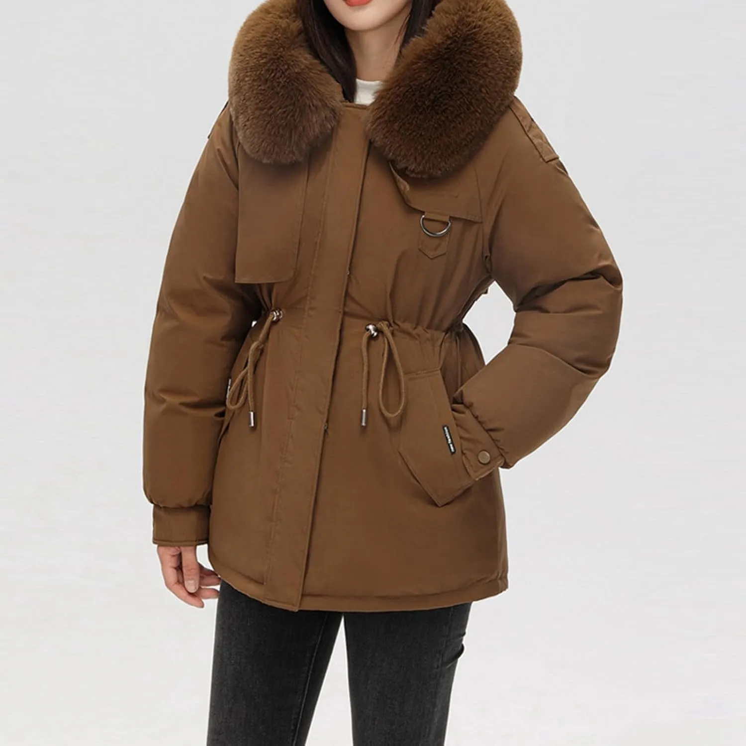 Women's Winter Thicken Puffer Coat Casual Warm Fleece Lined Down Jacket Faux Fur Hood Military Jacket Parka Travel