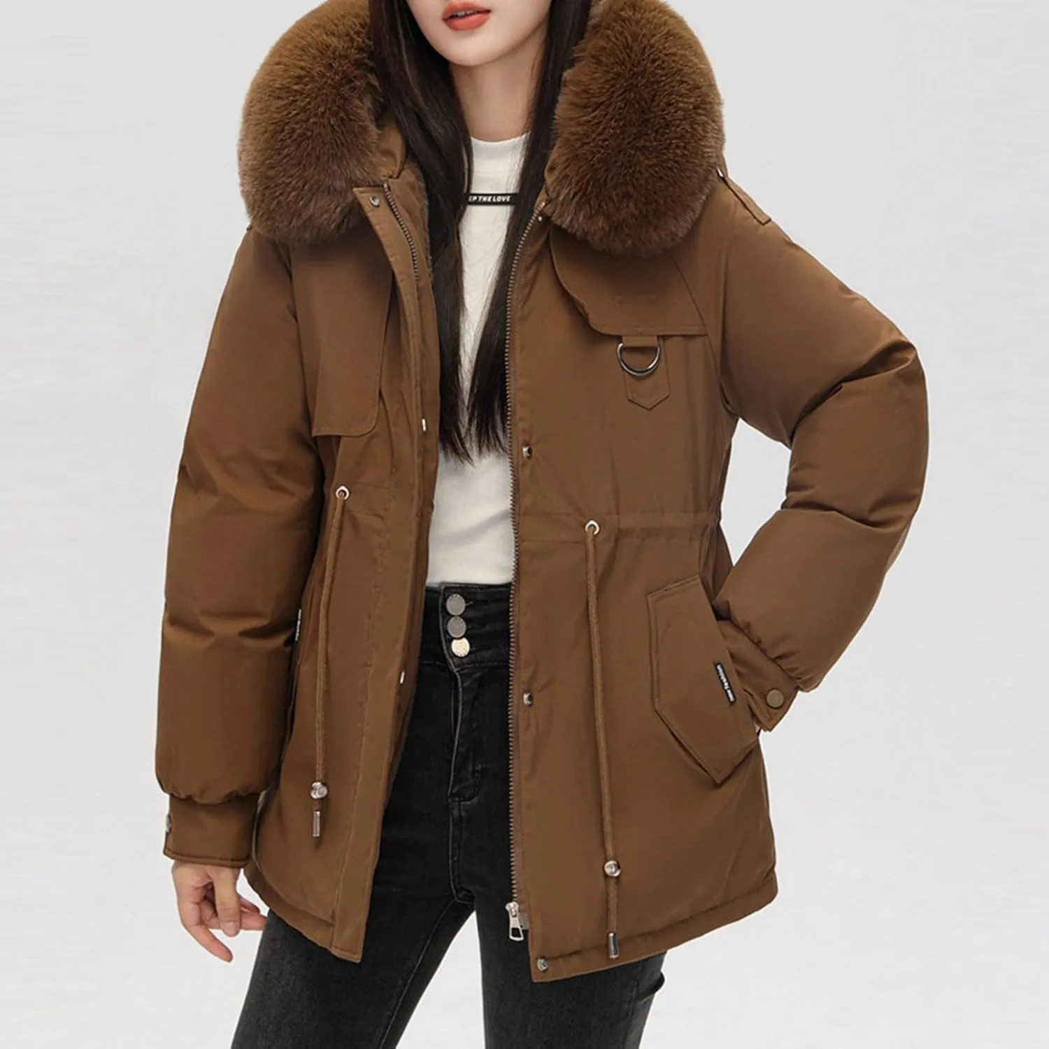 Women's Winter Thicken Puffer Coat Casual Warm Fleece Lined Down Jacket Faux Fur Hood Military Jacket Parka Travel