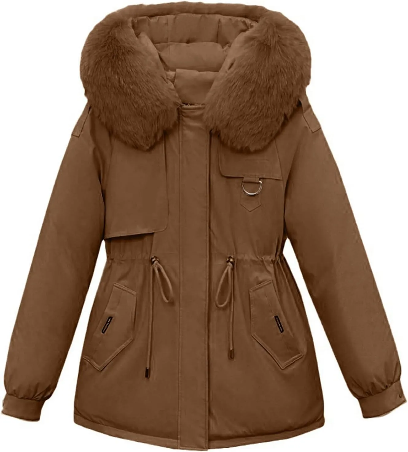 Women's Winter Thicken Puffer Coat Casual Warm Fleece Lined Down Jacket Faux Fur Hood Military Jacket Parka Travel
