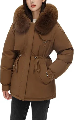 Women's Winter Thicken Puffer Coat Casual Warm Fleece Lined Down Jacket Faux Fur Hood Military Jacket Parka Travel