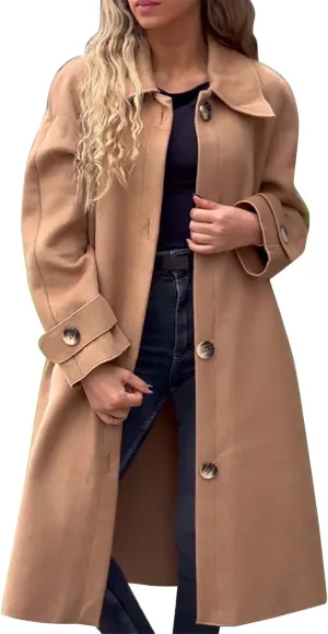 Women's Wool Blend Lapel Collar Double Breasted Coats Winter Pea Overcoat Pocketed Outwear