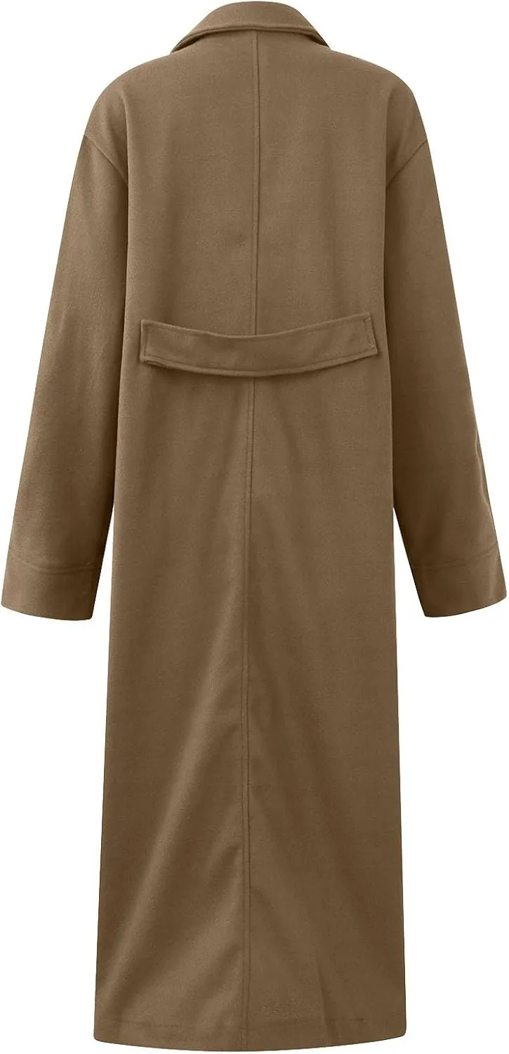 Women's Wool Blend Maxi Pea Coat Plus Size Turn Down Collar Button Down Windbreaker Trench Coat with Flap Pockets
