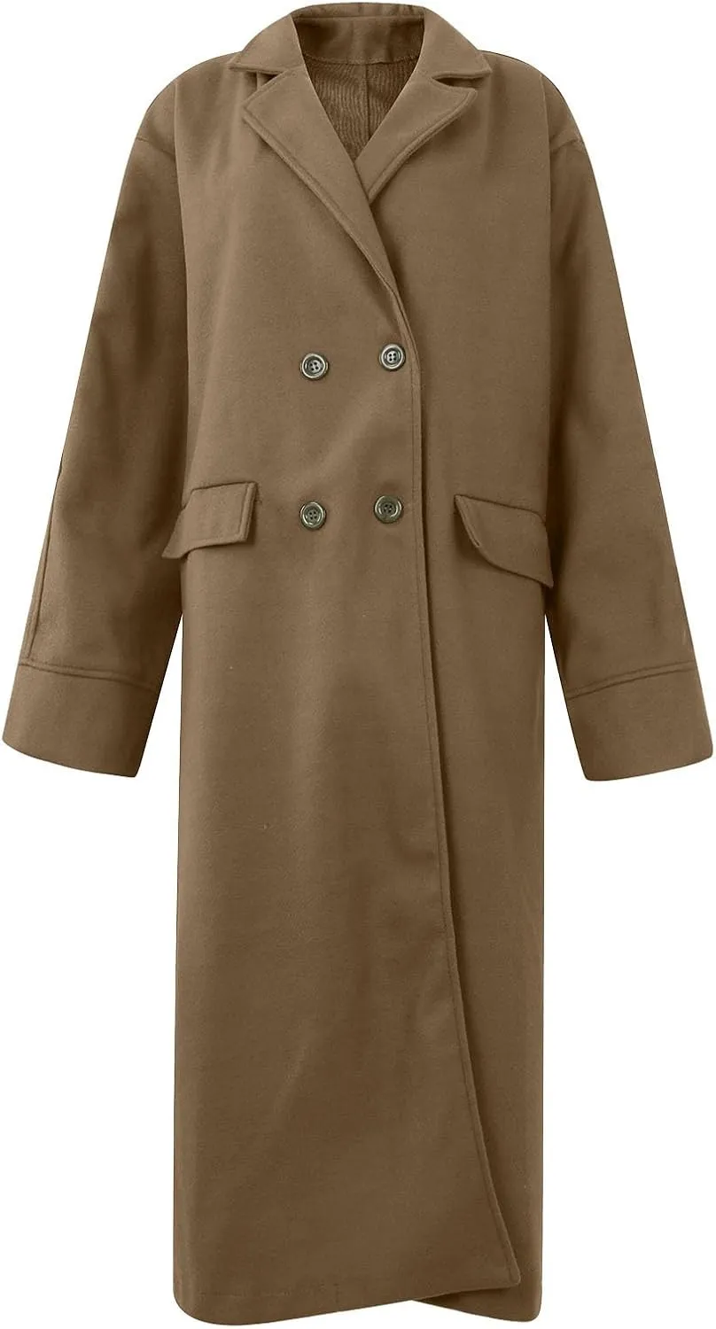 Women's Wool Blend Maxi Pea Coat Plus Size Turn Down Collar Button Down Windbreaker Trench Coat with Flap Pockets
