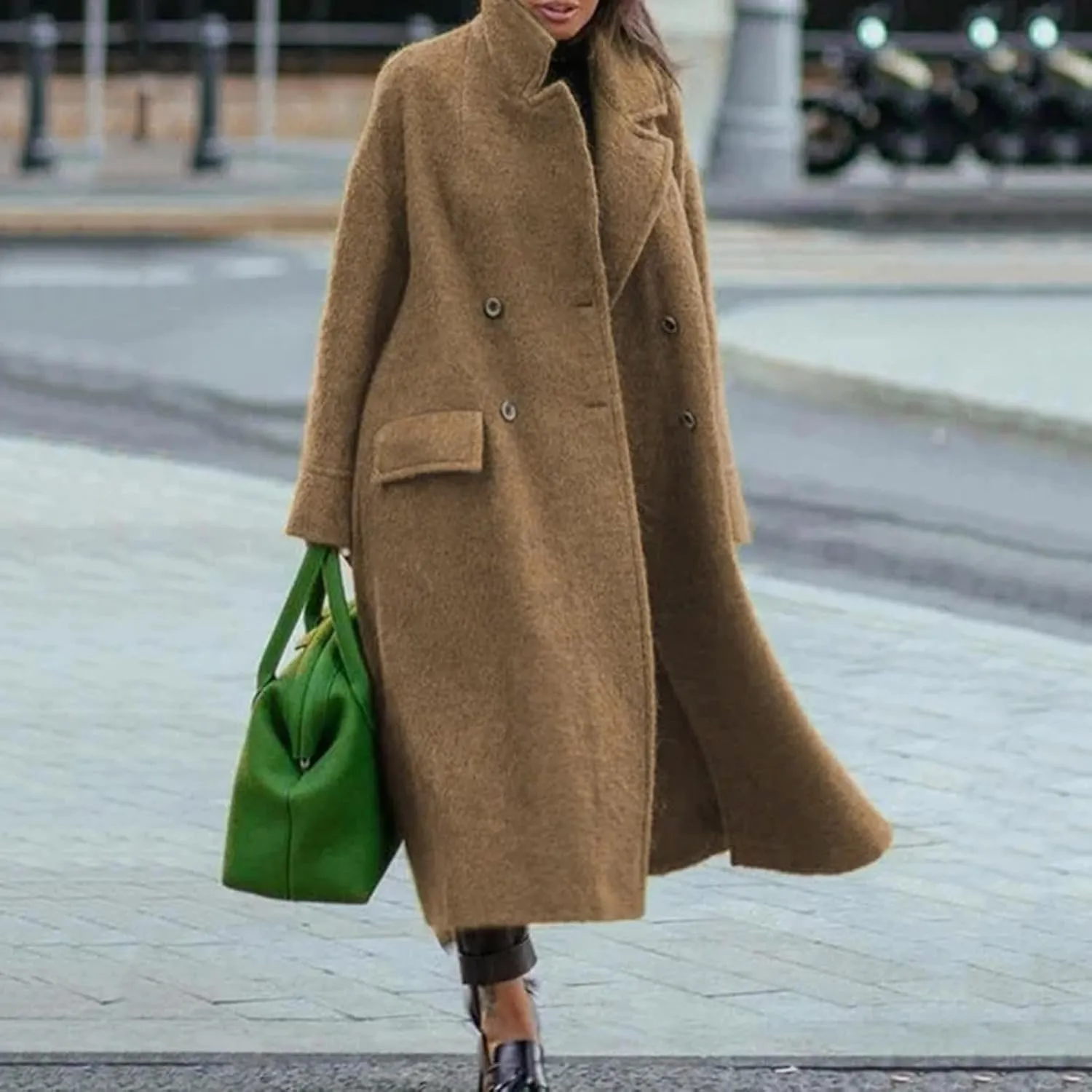 Women's Wool Blend Maxi Pea Coat Plus Size Turn Down Collar Button Down Windbreaker Trench Coat with Flap Pockets