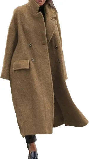 Women's Wool Blend Maxi Pea Coat Plus Size Turn Down Collar Button Down Windbreaker Trench Coat with Flap Pockets