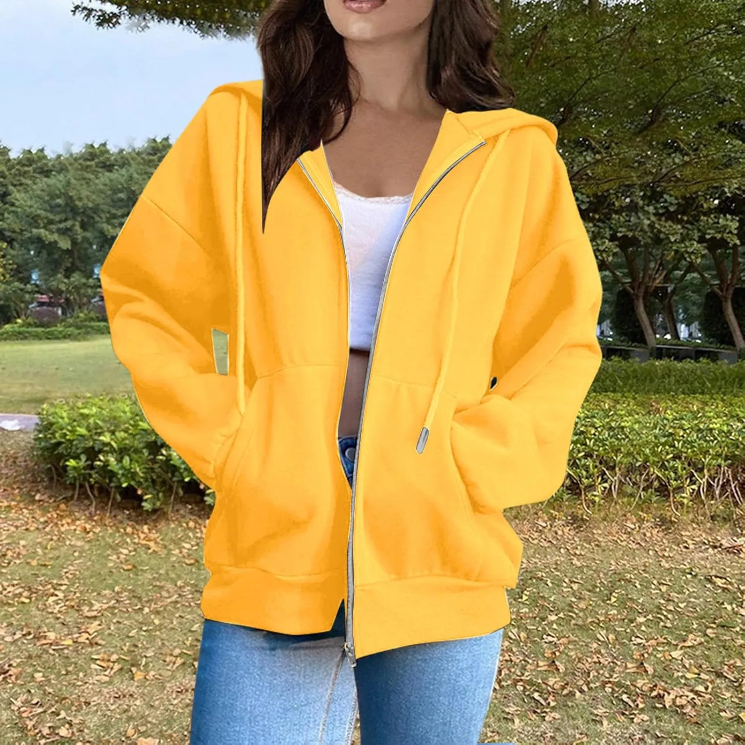 Women's Zip Up Hoodies Casual Fashion Solid Color Long Sleeve Drawstring Pullover Sweatshirt Tops With Pockets