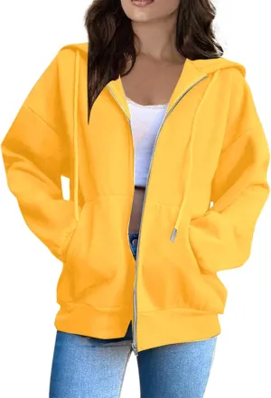 Women's Zip Up Hoodies Casual Fashion Solid Color Long Sleeve Drawstring Pullover Sweatshirt Tops With Pockets