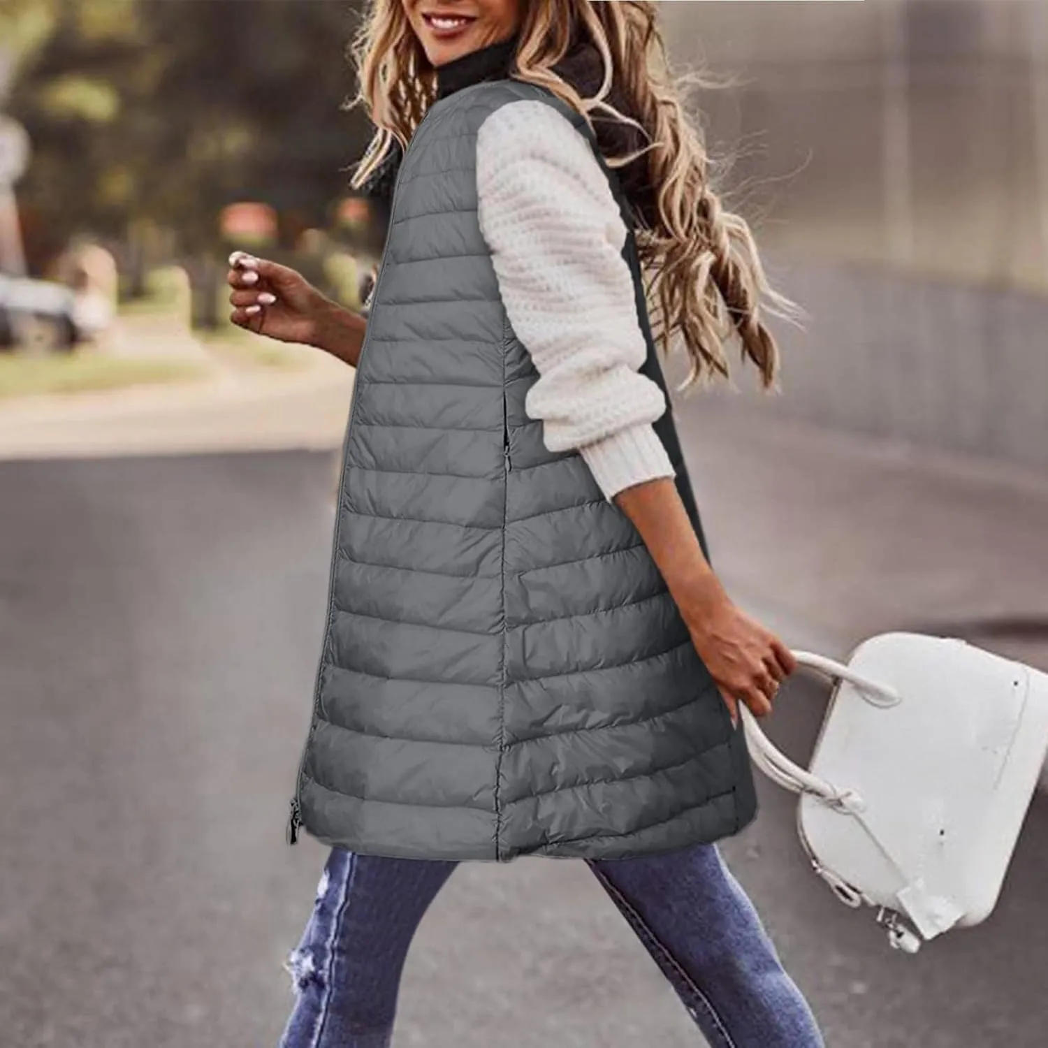 XUNRYAN Puffer Jackets Womens Packable Vests Winter Warm Down Coat Long Jackets Sleeveless Gilet Outdoor Parka Outerwear
