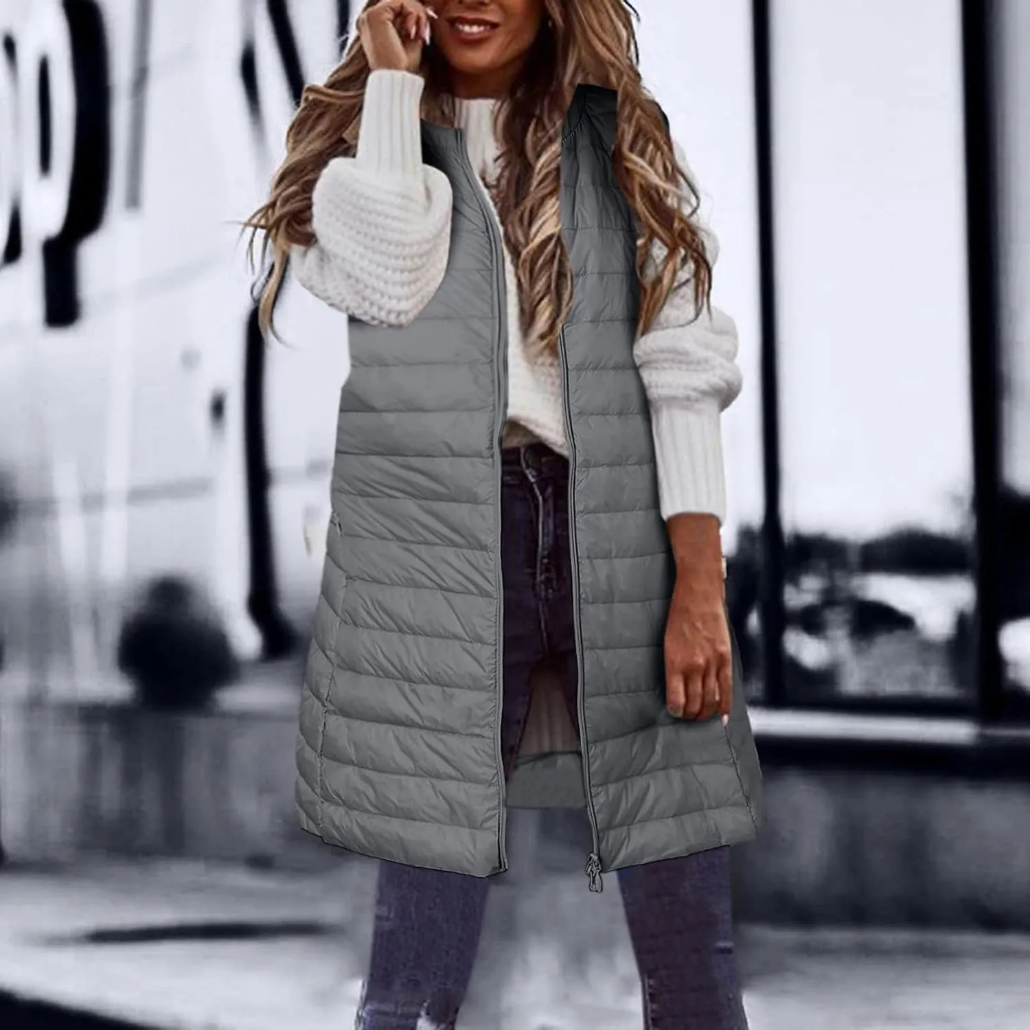 XUNRYAN Puffer Jackets Womens Packable Vests Winter Warm Down Coat Long Jackets Sleeveless Gilet Outdoor Parka Outerwear