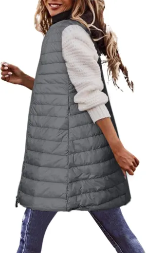 XUNRYAN Puffer Jackets Womens Packable Vests Winter Warm Down Coat Long Jackets Sleeveless Gilet Outdoor Parka Outerwear