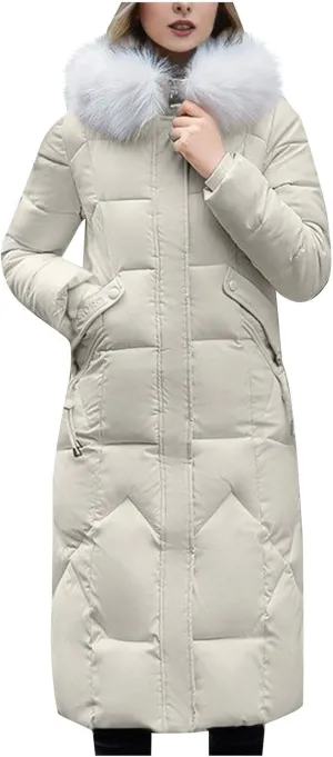XUNRYAN Winter Warm Down Coat Petite Women Puffer Jackets Maxi Long Hooded Lightweight Casual Faux-Fur Parka Anorak Overcoat
