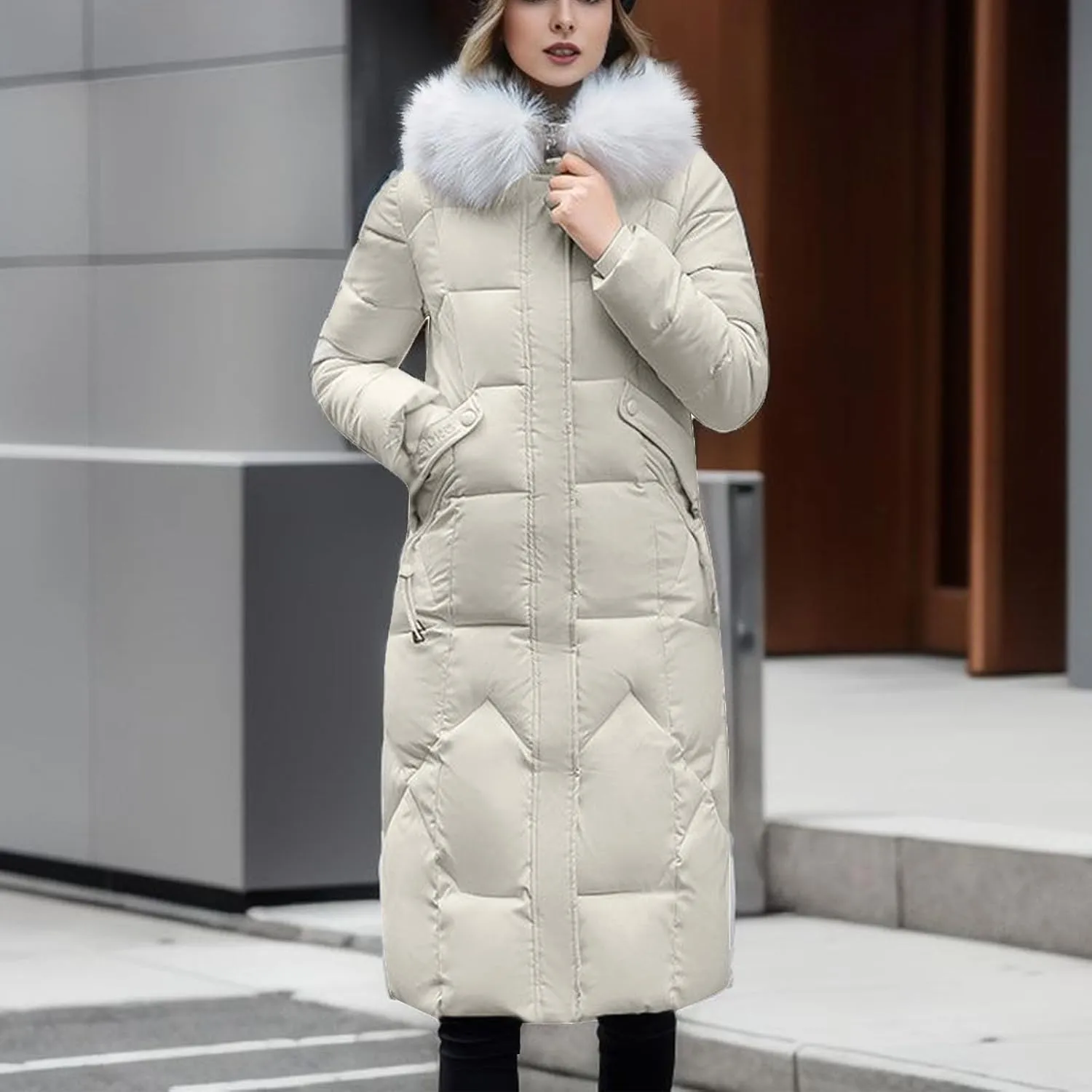 XUNRYAN Winter Warm Down Coat Petite Women Puffer Jackets Maxi Long Hooded Lightweight Casual Faux-Fur Parka Anorak Overcoat