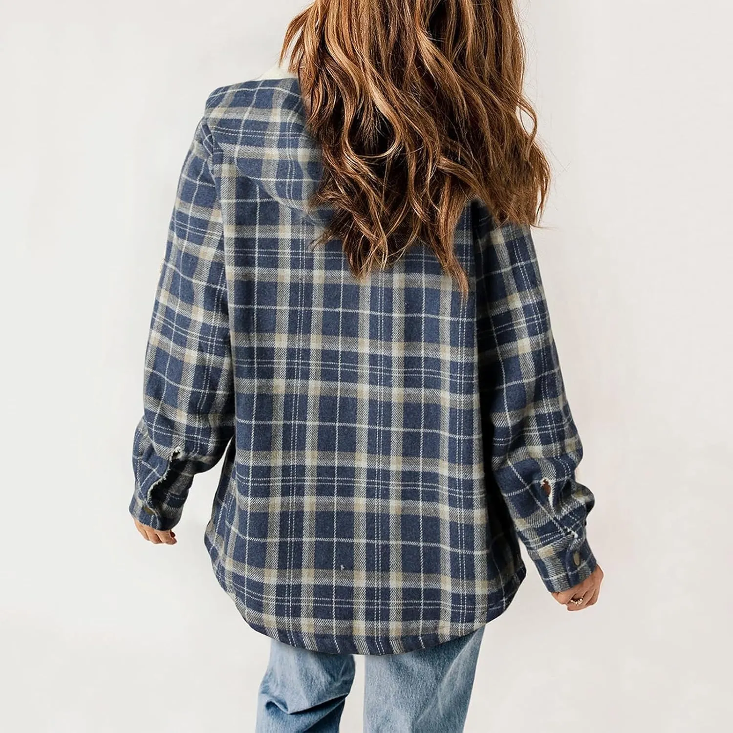 XUNRYAN Women Winter Warm Sherpa Fleece Jacket Trench Coat Wool-Blend Fashion Plaid Faux-Fur Shacket Jacket Hooded Outwear