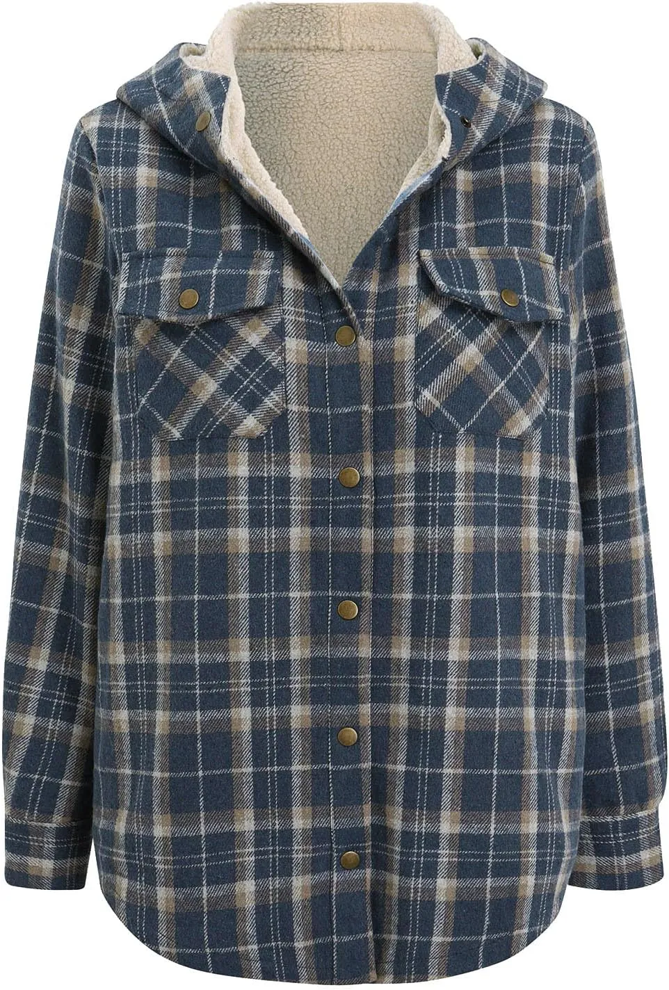 XUNRYAN Women Winter Warm Sherpa Fleece Jacket Trench Coat Wool-Blend Fashion Plaid Faux-Fur Shacket Jacket Hooded Outwear