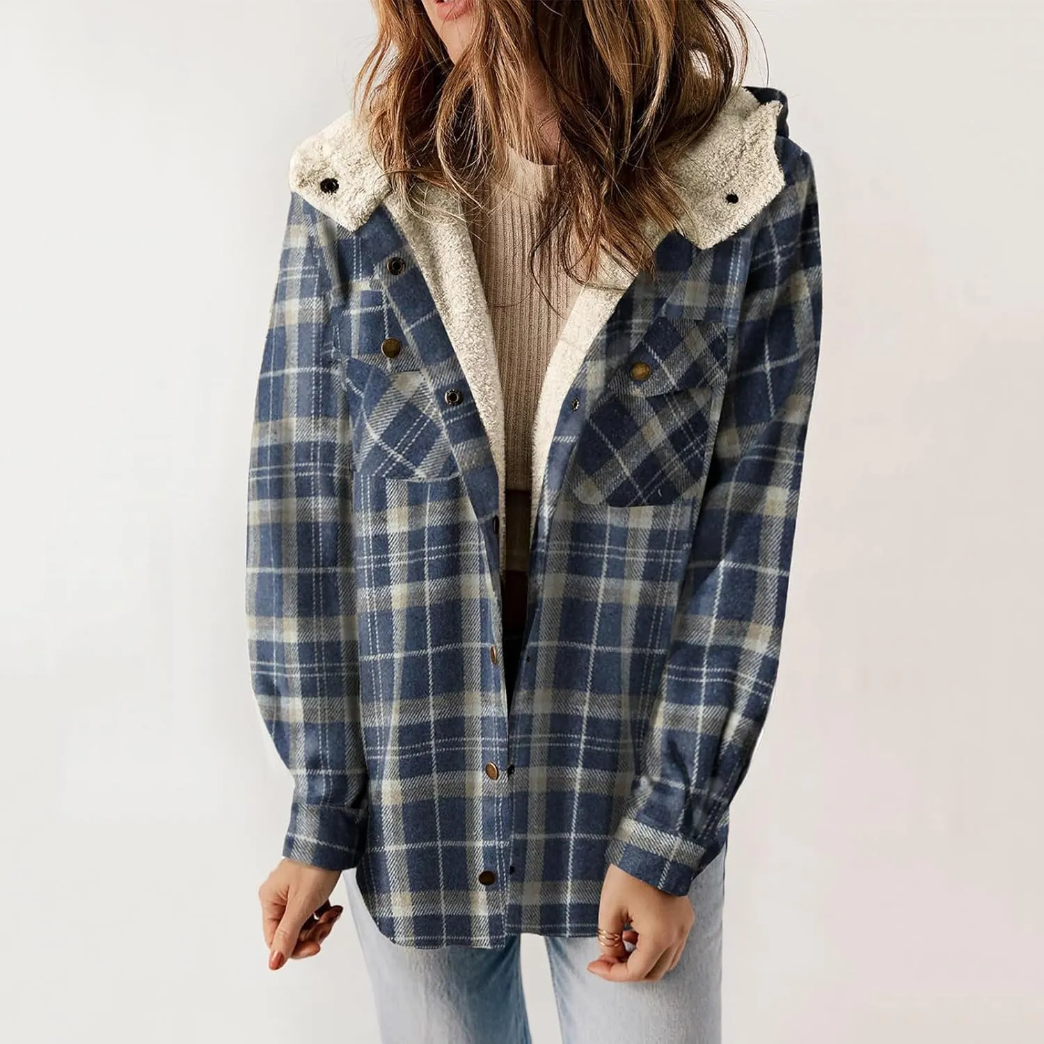 XUNRYAN Women Winter Warm Sherpa Fleece Jacket Trench Coat Wool-Blend Fashion Plaid Faux-Fur Shacket Jacket Hooded Outwear