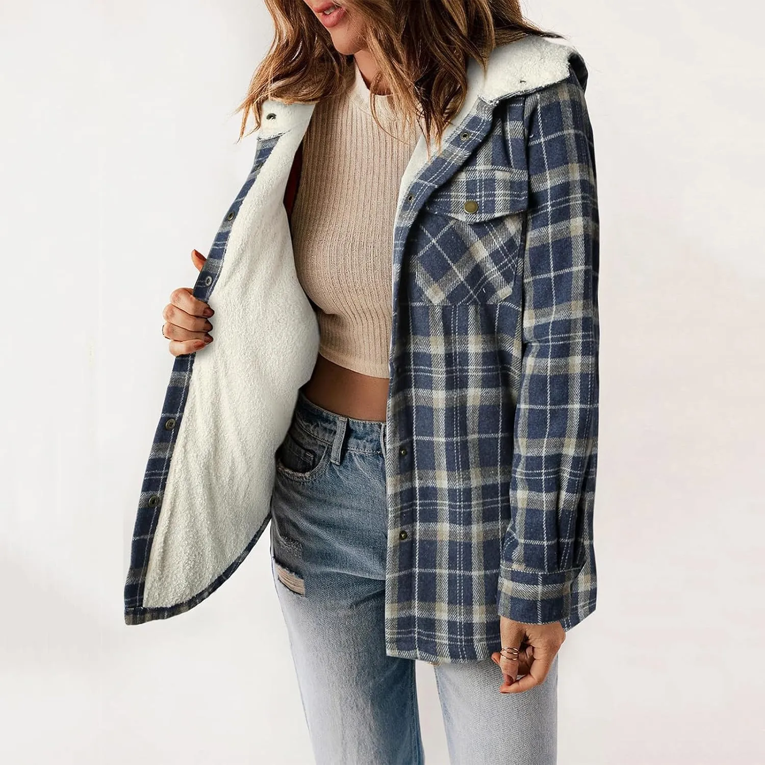 XUNRYAN Women Winter Warm Sherpa Fleece Jacket Trench Coat Wool-Blend Fashion Plaid Faux-Fur Shacket Jacket Hooded Outwear