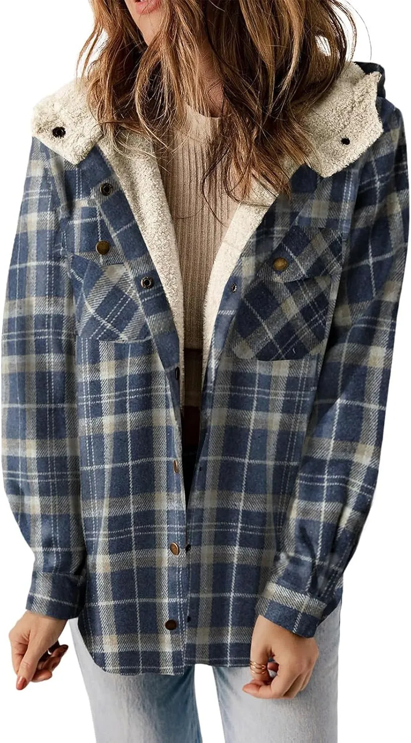 XUNRYAN Women Winter Warm Sherpa Fleece Jacket Trench Coat Wool-Blend Fashion Plaid Faux-Fur Shacket Jacket Hooded Outwear