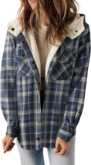 XUNRYAN Women Winter Warm Sherpa Fleece Jacket Trench Coat Wool-Blend Fashion Plaid Faux-Fur Shacket Jacket Hooded Outwear