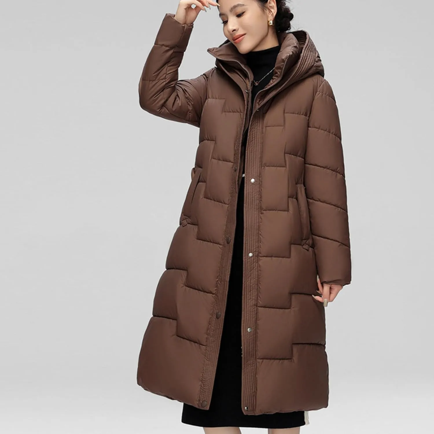 XUNRYAN Womens Winter Coats Long Puffer Jackets Thick Down Coat Warm Parka Hooded Anorak Quilted Jacket Outerwear Overcoat