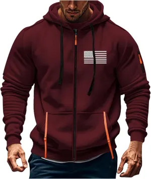 ZEFOTIM Men Zip Up Hoodie American Flag Hoodie Vintage Comfy Sports Long Sleeve Drawstring Sweatshirts with Pocket