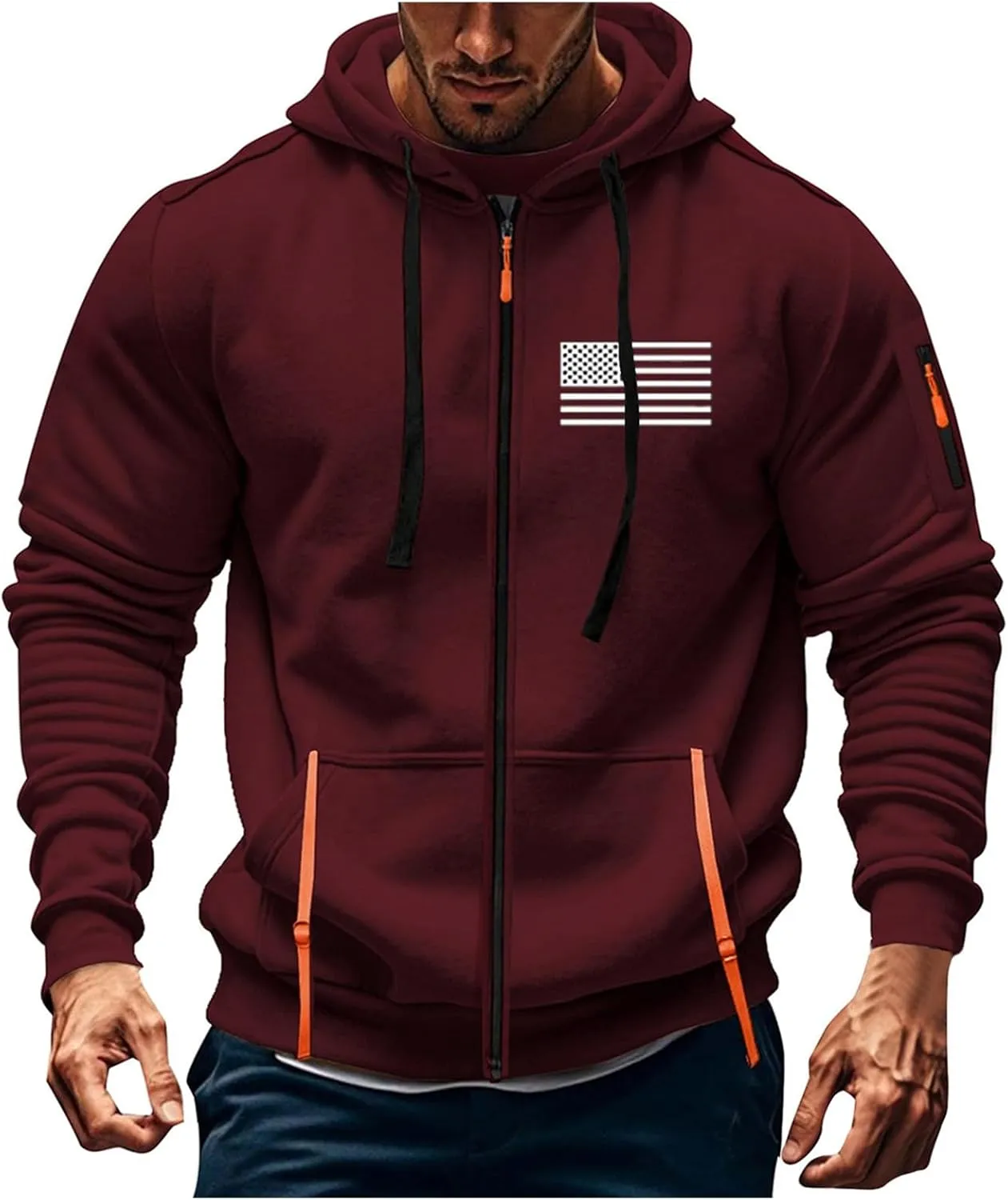 ZEFOTIM Men Zip Up Hoodie American Flag Hoodie Vintage Comfy Sports Long Sleeve Drawstring Sweatshirts with Pocket