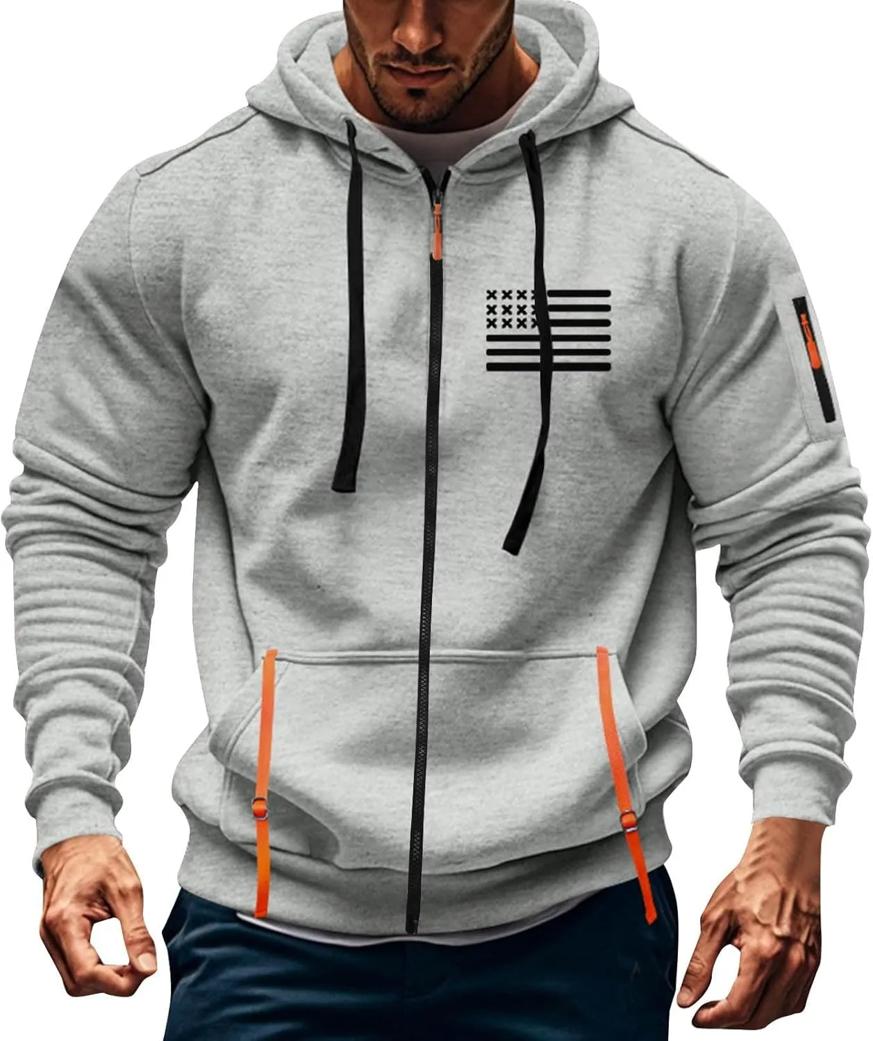 ZEFOTIM Men Zip Up Hoodie American Flag Hoodie Vintage Comfy Sports Long Sleeve Drawstring Sweatshirts with Pocket