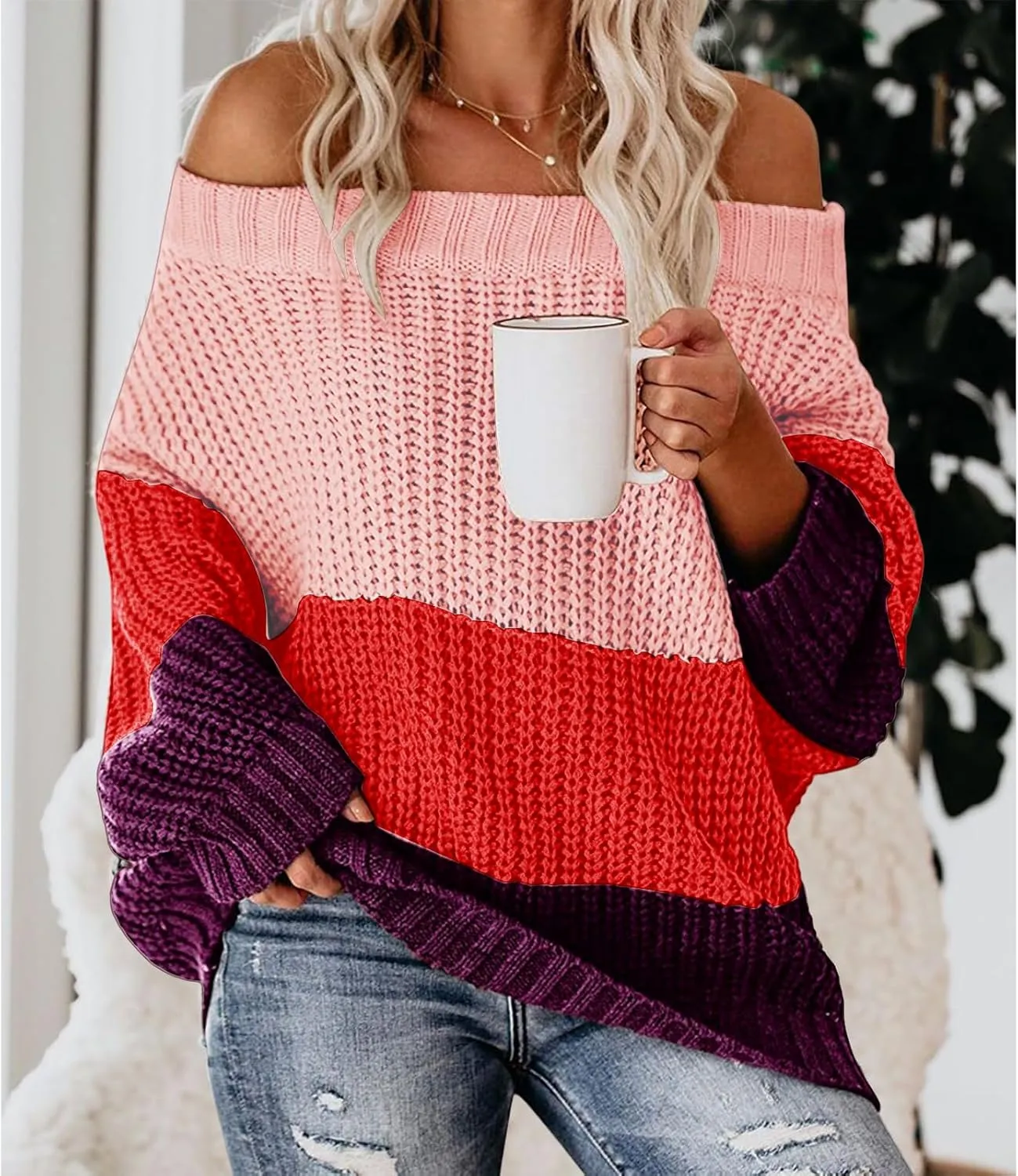 ZWRXW Womens Color Block Sweater Oversized Off Shoulder Pullover Cable Knit Chunky Sweaters Fall Winter Loose Jumper Tops