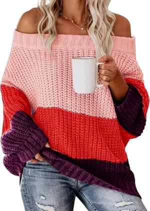 ZWRXW Womens Color Block Sweater Oversized Off Shoulder Pullover Cable Knit Chunky Sweaters Fall Winter Loose Jumper Tops