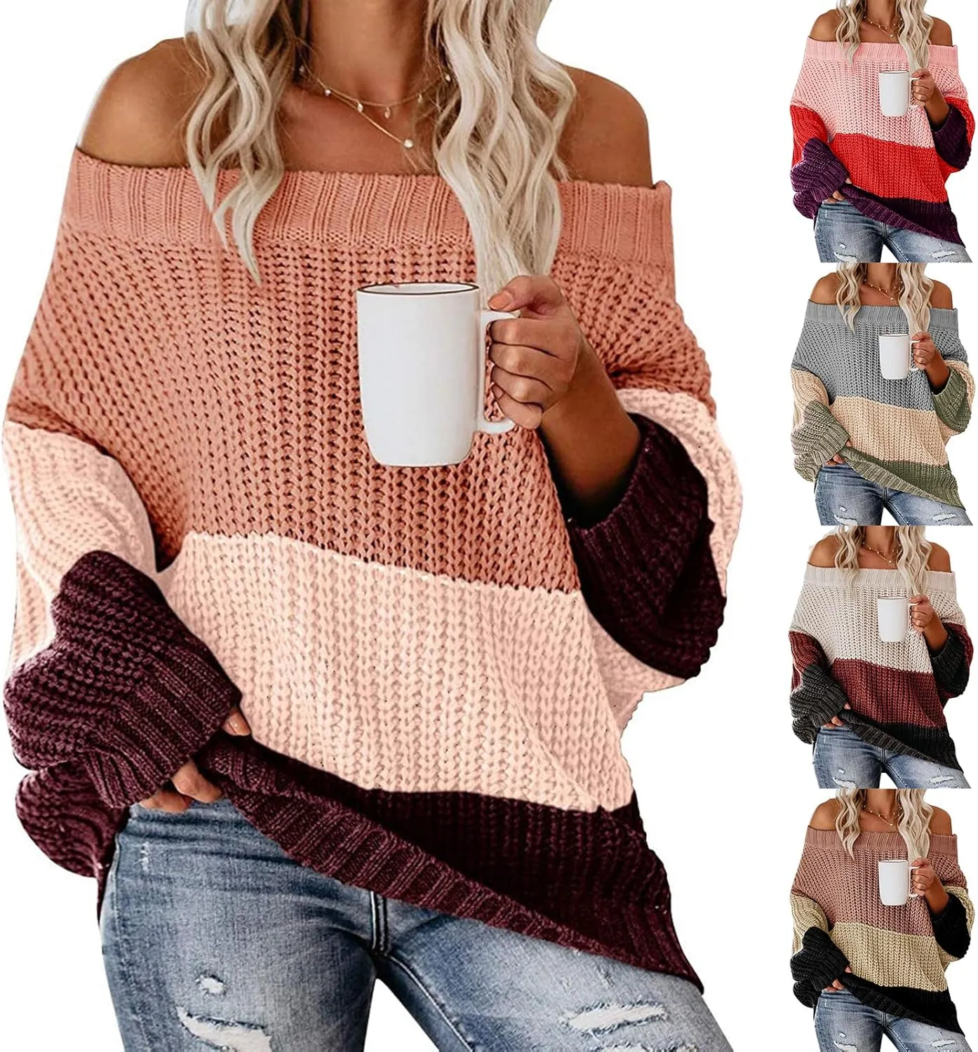 ZWRXW Womens Color Block Sweater Oversized Off Shoulder Pullover Cable Knit Chunky Sweaters Fall Winter Loose Jumper Tops