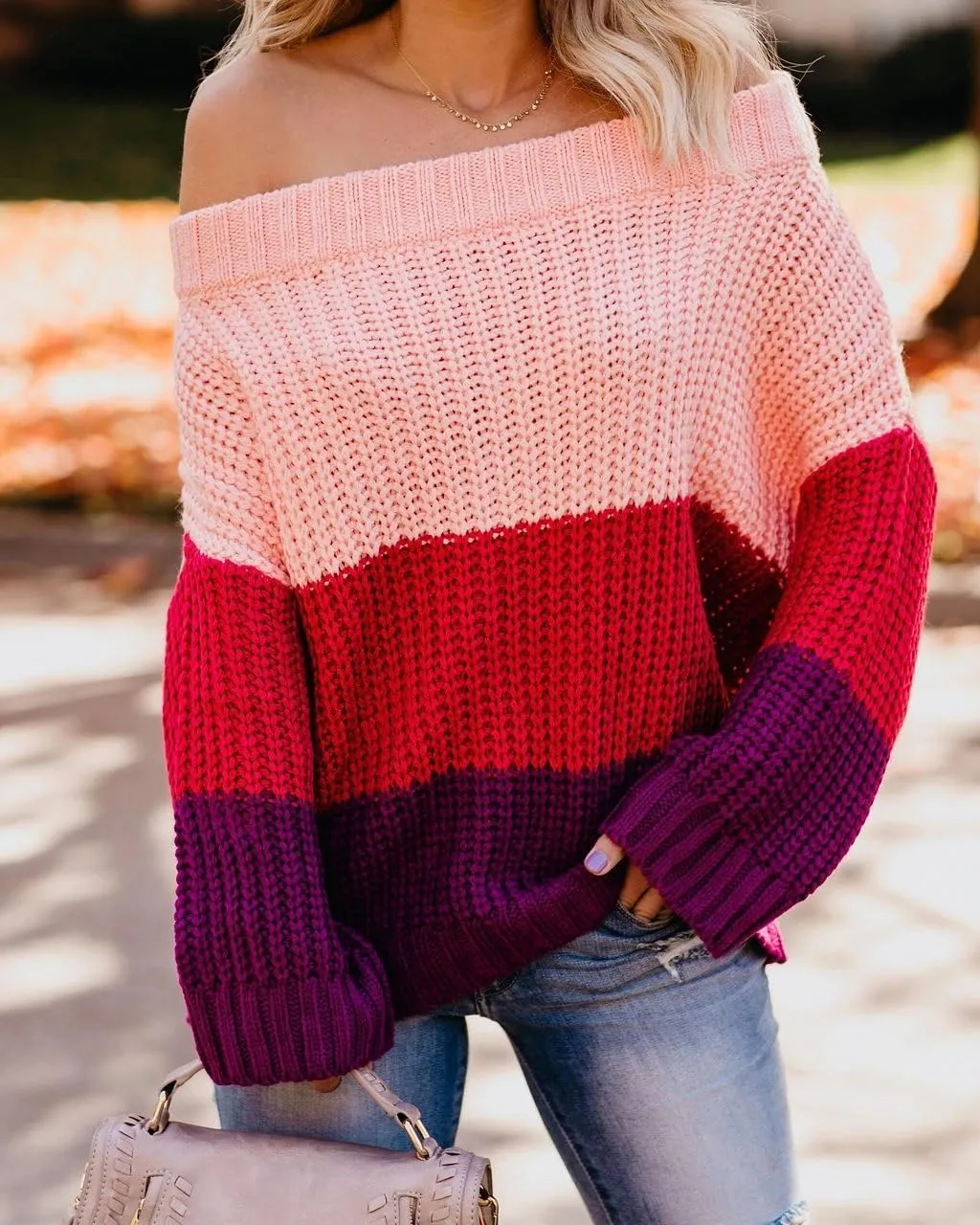 ZWRXW Womens Color Block Sweater Oversized Off Shoulder Pullover Cable Knit Chunky Sweaters Fall Winter Loose Jumper Tops